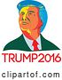 Vector Clip Art of Retro Cartoon WPA Styled Portrait of Republican Presidential Nominee Donald Trump over Text by Patrimonio