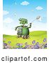 Vector Clip Art of Retro Children Riding Inside a Green Rover Robot Catching Butterflies by
