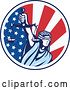 Vector Clip Art of Retro Circle of Lady Justice Holding Scales up over an American Flag by Patrimonio