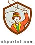 Vector Clip Art of Retro Circus Ringmaster Using a Bull Whip in a Brown White and Gray Shield by Patrimonio