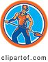 Vector Clip Art of Retro Coal Miner Guy Shoveling in an Orange Blue and White Circle by Patrimonio