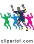 Vector Clip Art of Retro Colorful Marathon Runner and Silhouettes Holding up Hands by Patrimonio