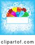 Vector Clip Art of Retro Colorful Orange, Red, Pink, Yellow, Green and Blue Bursting Stars on a Blank Text Bar over a Blue Background of Light Rays and Circles by KJ Pargeter