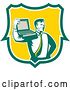 Vector Clip Art of Retro Computer Repair or Businessman with a Laptop on His Shoulder in a Green White and Yellow Shield by Patrimonio