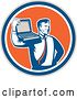 Vector Clip Art of Retro Computer Repair or Businessman with a Laptop on His Shoulder in a Taupe Blue White and Orange Circle by Patrimonio