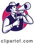 Vector Clip Art of Retro Cowboy Auctioneer Holding a Gavel and Shouting in a Bullhorn Megaphone, in a Purple and Pink Circle by Patrimonio