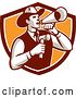 Vector Clip Art of Retro Cowboy Auctioneer Using a Megaphone and Holding a Gavel in a Brown White and Orange Shield by Patrimonio