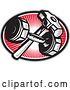 Vector Clip Art of Retro Crossed Woodcut Sledgehammer and Dumbbell over a Red Ray Oval by Patrimonio
