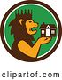 Vector Clip Art of Retro Crowned King Lion Holding a House in a Brown White and Green Circle by Patrimonio