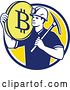 Vector Clip Art of Retro Crytocurrency Miner with a Bitcoin on His Shoulder and a Pickaxe by Patrimonio