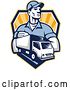 Vector Clip Art of Retro Delivery Guy and a Truck over a Shield of Rays by Patrimonio