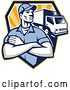 Vector Clip Art of Retro Delivery Guy with Folded Arms and a Truck over a Shield of Rays by Patrimonio