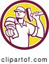 Vector Clip Art of Retro Demolition Worker Guy Holding a Hammer and Pointing Outwards in a Maroon White and Yellow Circle by Patrimonio