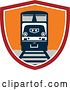 Vector Clip Art of Retro Diesel Freight Train on a Track in a Red White and Orange Shield by Patrimonio