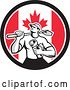 Vector Clip Art of Retro Drainlayer Guy Carrying a Shovel and Pipe in a Canadian Flag Circle by Patrimonio