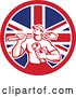 Vector Clip Art of Retro Drainlayer Guy Carrying a Shovel and Pipe in a Union Jack Flag Circle by Patrimonio