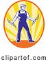 Vector Clip Art of Retro Electrician Holding Bolts in an Oval of Rays by Patrimonio