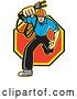 Vector Clip Art of Retro Electrician Running with a Plug over an Octogon by Patrimonio