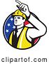 Vector Clip Art of Retro Engineer Construction Worker Pointing over an American Flag Circle by Patrimonio