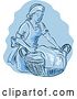 Vector Clip Art of Retro Engraved or Sketched Maid Carrying a Basket of Laundry over Blue by Patrimonio