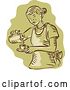 Vector Clip Art of Retro Engraved or Sketched Waitress Pouring Tea into a Cup, over Green by Patrimonio