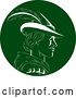 Vector Clip Art of Retro Engraved or Woodcut Styled Profiled Bust Portrait of Robin Hood in a Plumed Hat, in Green and White by Patrimonio