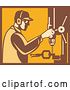 Vector Clip Art of Retro Factory Worker Operating a Drill Press in Yellow and Brown by Patrimonio