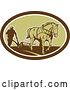 Vector Clip Art of Retro Farmer and Horse Plowing a Field in an Oval by Patrimonio