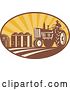 Vector Clip Art of Retro Farmer Operating a Tracter in a Crop with Silos in the Background by Patrimonio
