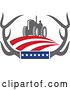 Vector Clip Art of Retro Farmer Operating a Tractor in Whitetail Deer Antlers with American Stars and Stripes by Patrimonio