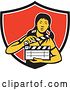 Vector Clip Art of Retro Female Asian Film Crew Worker Holding a Clapper in a Black White and Red Shield by Patrimonio