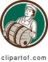Vector Clip Art of Retro Female Bartender Carrying a Beer Keg Barrel in a Brown White and Green Circle by Patrimonio