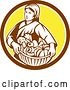 Vector Clip Art of Retro Female Farmer Holding a Basket of Harvest Produce in a Brown White and Yellow Circle by Patrimonio