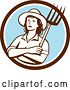 Vector Clip Art of Retro Female Farmer Holding a Pitchfork in a Brown White and Blue Circle by Patrimonio