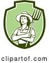 Vector Clip Art of Retro Female Farmer Holding a Pitchfork in a Green and White Shield by Patrimonio