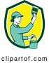Vector Clip Art of Retro Female House Painter Using a Brush in a Green White and Yellow Shield by Patrimonio