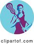 Vector Clip Art of Retro Female Lacrosse Player Holding a Stick in a Purple and Blue Circle by Patrimonio