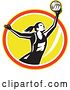 Vector Clip Art of Retro Female Netball Player Rebounding over a Yellow Oval by Patrimonio