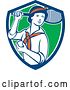 Vector Clip Art of Retro Female Tennis Player Holding a Racket and Ball in a Blue White and Green Shield by Patrimonio