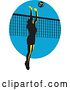Vector Clip Art of Retro Female Volleyball Player Spiking over a Net on Blue by Patrimonio