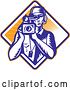 Vector Clip Art of Retro Film Crew Cameraman over a Diamond of Rays by Patrimonio