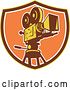 Vector Clip Art of Retro Film Movie Camera in a Yellow Brown and Orange Shield by Patrimonio