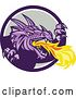Vector Clip Art of Retro Fire Breathing Dragon Emerging from a Purple White and Gray Circle by Patrimonio
