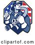 Vector Clip Art of Retro Fire Fighter Guy Holding a Hose on His Shoulders over an American Flag by Patrimonio