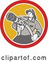 Vector Clip Art of Retro Firefighter Aiming a Hose in a Yellow and Red Circle by Patrimonio