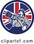 Vector Clip Art of Retro Firefighter Holding a Hose in a British Flag Circle by Patrimonio