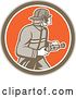 Vector Clip Art of Retro Firefighter Holding a Hose in a Brown White and Orange Circle by Patrimonio