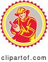 Vector Clip Art of Retro Firefighter Holding a Hose in a Yellow Gray White and Red Circle by Patrimonio