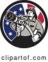 Vector Clip Art of Retro Firefighter Holding a Hose in an American Flag Circle by Patrimonio