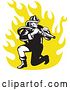 Vector Clip Art of Retro Firefighter with a Hose over Yellow Flames by Patrimonio